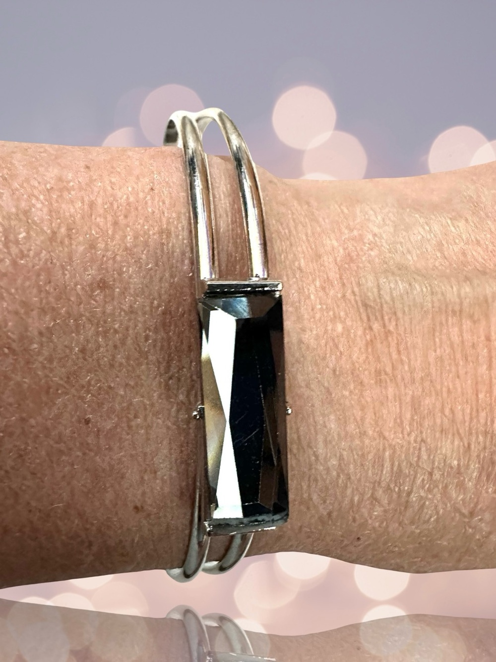 Unique Vintage Silver Bracelet with Bluish Grey Faceted Rhinestone